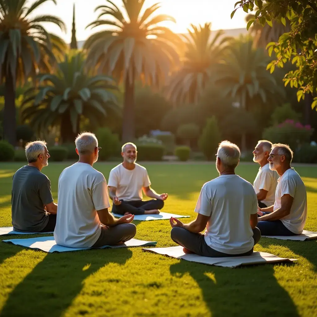 Grupo de hombres conversando sobre bienestar y vitalidad en un entorno amigable.