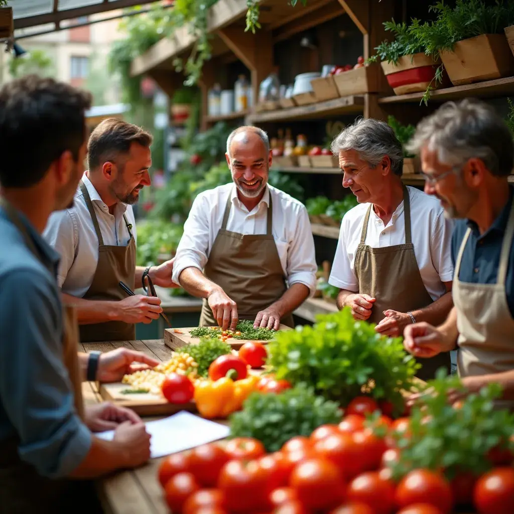 Actividad grupal de hombres mayores participando en un taller de bienestar y nutrición.